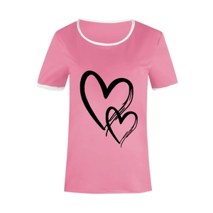 Close-up of pink cotton T-shirt with overlapping heart print and white contrast trim