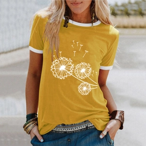 T-shirt femme jaune moutarde avec imprimé pissenlit blanc et col rond classique