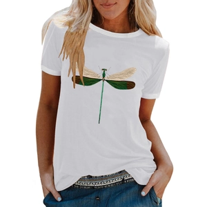 Women's white short sleeve T-shirt featuring a colorful dragonfly print and round neck