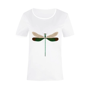 Close-up of colorful dragonfly print on a white crew neck short sleeve t-shirt