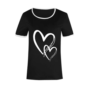 Detail of cross heart print and white trim on black crew neck short sleeve T-shirt