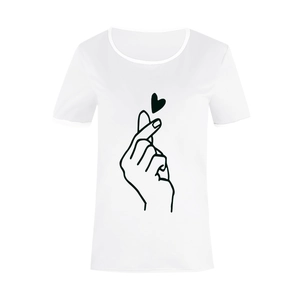 Close-up of black finger heart line art print on a minimalist white cotton t-shirt