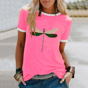 Detailed close-up of pink dragonfly print on t-shirt with white contrast piping details