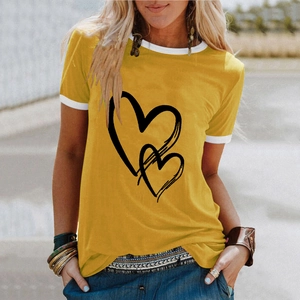 Women's yellow summer ringer t-shirt with heart print and white trim for casual wear