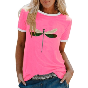Detail of pink summer T-shirt showing dragonfly print and white contrast neck piping