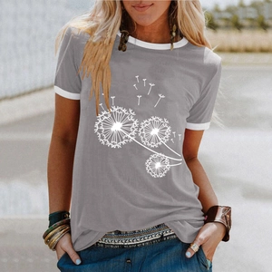 T-shirt femme gris foncé à manches courtes, imprimé pissenlit et col rond contrasté