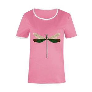 Detailed view of pink t-shirt with green dragonfly print and white contrast trim