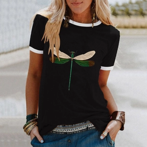 Detail of a casual women's black T-shirt with contrast white collar and dragonfly print