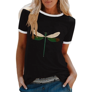 Detail of dragonfly print on black ringer t-shirt with white contrast neckline and cuffs