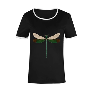 Detail of black ringer t-shirt with white trim and realistic green dragonfly print