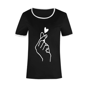 Detail of black T-shirt featuring a white finger heart print and contrast piping on sleeves