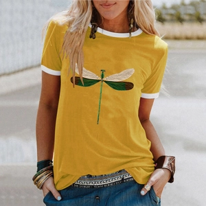 Detail of dragonfly print on mustard yellow ringer t-shirt with white ribbed collar