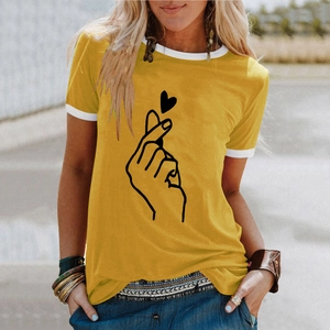 Mustard yellow ringer t-shirt with heart finger print and white contrast trim for women