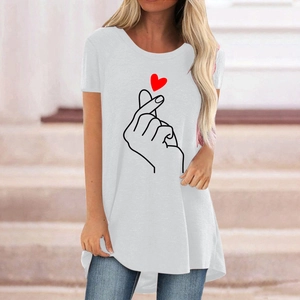 Close-up of heart finger gesture print on women's white casual short sleeve longline t-shirt