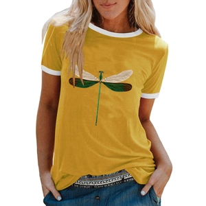 Ginger yellow short sleeve T-shirt for women with colorful dragonfly print and white trim