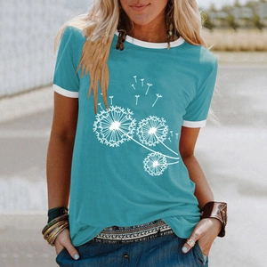 T-shirt femme turquoise imprimé pissenlit avec bordure blanche contrastée et col rond