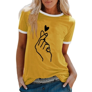 Front detail of yellow ringer t-shirt with heart finger print and white trim contrast
