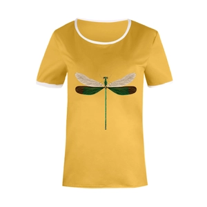 Detailed view of colorful dragonfly print on yellow t-shirt with white contrast edges
