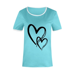 Close-up of mint green t-shirt featuring contrast white edges and black heart print