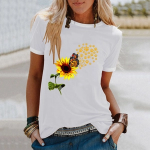 T-shirt casual da donna bianca con stampa di girasole e farfalla per estate