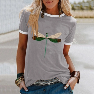 Women's grey T-shirt with dragonfly print, crew neck and white contrast trim details