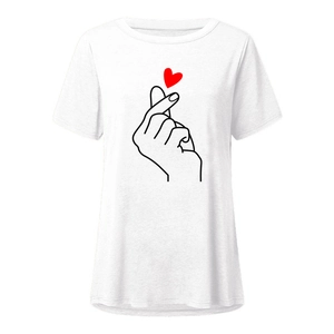 Close-up of white cotton T-shirt featuring a minimal black line art finger heart print