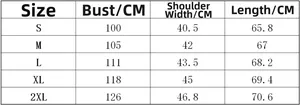 Size chart for women's casual loose shirt with bust and shoulder measurements in cm