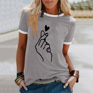 Close-up of grey ringer T-shirt featuring finger heart graphic and contrast collar
