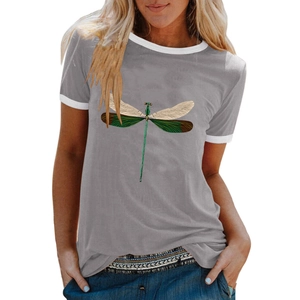 Detail of grey crewneck T-shirt showing dragonfly print and white contrast trim on sleeves