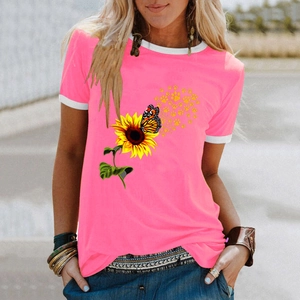 T-shirt da donna rosa con stampa girasole e farfalla e bordi bianchi a contrasto