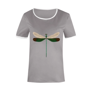 Detailed view of grey t-shirt featuring artistic dragonfly print and white contrast edging