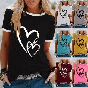 Women's Casual Cotton Blend T-Shirt With Contrast Trim Heart Print Round Neck Short Sleeve Loose Graphic Tee Top Daily Wear