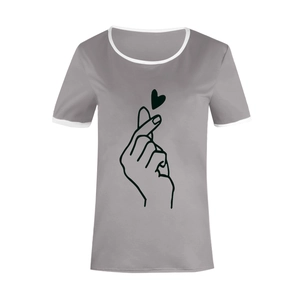 Detail of grey crewneck T-shirt showing finger heart print and white contrast piping