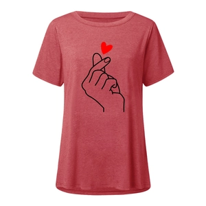 Detail of red heathered T-shirt featuring a black line heart hand gesture print