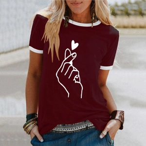Detail of burgundy ringer t-shirt with finger heart print and white contrast trim