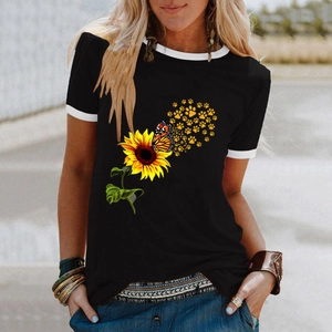 T-shirt ringer nera da donna con stampa girasole e bordi a contrasto in bianco