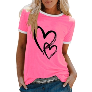 Neon pink short sleeve T-shirt with heart graphic and white contrast trim round neck