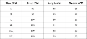 Detailed size chart for short sleeve mini dress including bust and length measurements