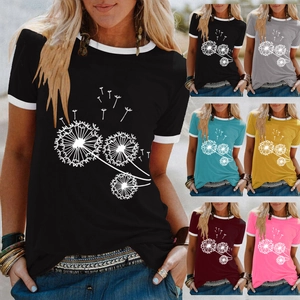 T-Shirt Ringer pour Femmes Imprimé Pissenlit Mélange de Coton Bordure Contrastée Col Rond Manches Courtes Décontracté Ample