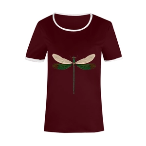 Close-up of the artistic dragonfly print on a wine red round neck short sleeve T-shirt