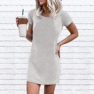 Slim fit light gray short sleeve crew neck T-shirt mini dress for casual wear