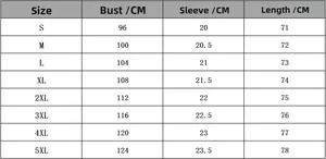 Detailed size chart for floral T-shirt showing bust and length from size S to 5XL
