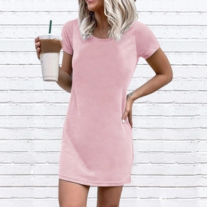 Women casual solid pink crew neck short sleeve mini dress in soft knit fabric