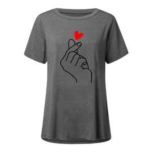 Detail of finger heart graphic print on dark grey cotton blend t-shirt fabric texture