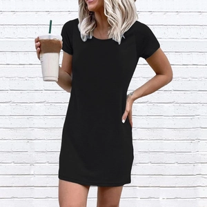 Slim fit black short sleeve mini T-shirt dress with classic crew neck for women
