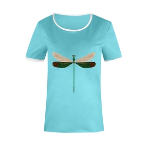 Close-up of colorful dragonfly print on light blue cotton T-shirt with white ribbed collar