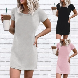 Women Casual Short Sleeve Round Neck T-Shirt Dress Solid Color Cotton Blend Slim Fit Mini Sundress Streetwear Basic Daily Dress