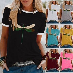 Women Casual Cotton Blend T-Shirt Dragonfly Print Round Neck Short Sleeve Contrast Trim Streetwear Summer Top
