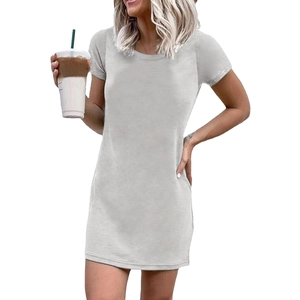 Classic light grey short sleeve t-shirt mini dress with round neck and slim fit silhouette