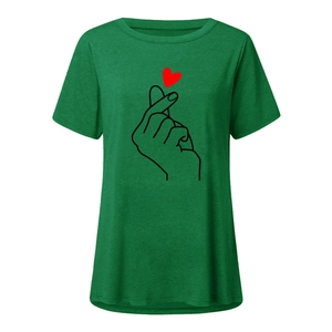 Detail of finger heart print on dark green short sleeve cotton t-shirt for women